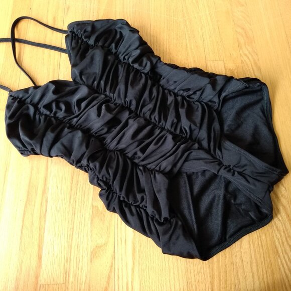 Vintage YSL Swimsuit Sz 14 Yves Saint Laurent Black Ruched 1 Piece Bathing Suit - Picture 1 of 16